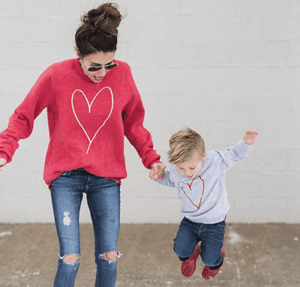 Matching heart outfits with Mom and Son