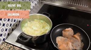 Cook pasta and Salmon for Homemade Zucchini Salmon Pesto Pasta