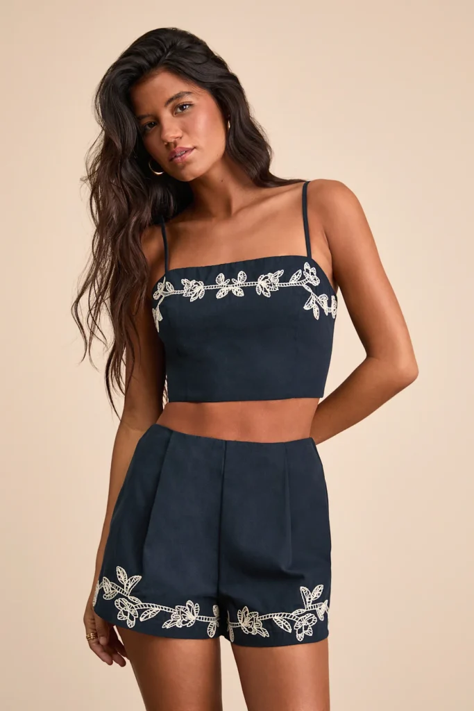 Sarella Navy Cotton High-Rise Embroidered Shorts memorial day weekend outfit ideas