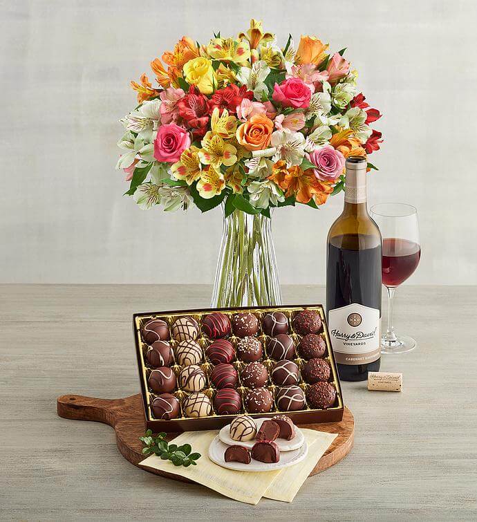 Assorted Roses & Peruvian Lilies, Chocolate Truffles, and Wine Best Valentine's Day Bouquets