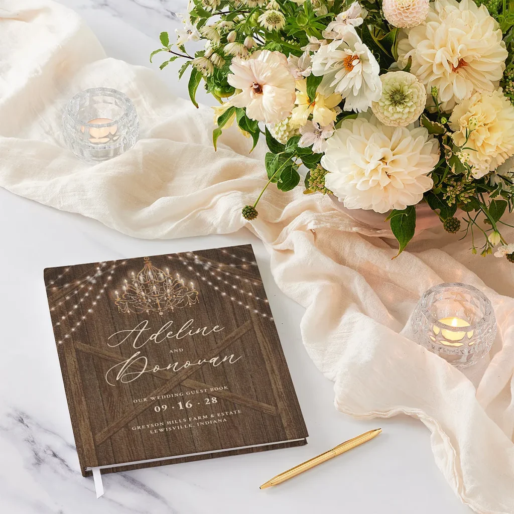 Wedding Stationery ideas farmhouse lights guest book