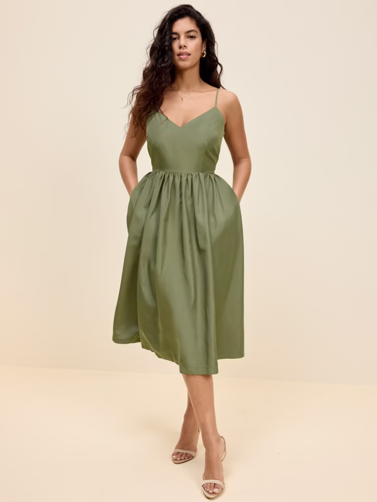 The Occasion by Old Navy Fit & Flare Sleeveless Taffeta Midi Dress wedding guest dresses under 150