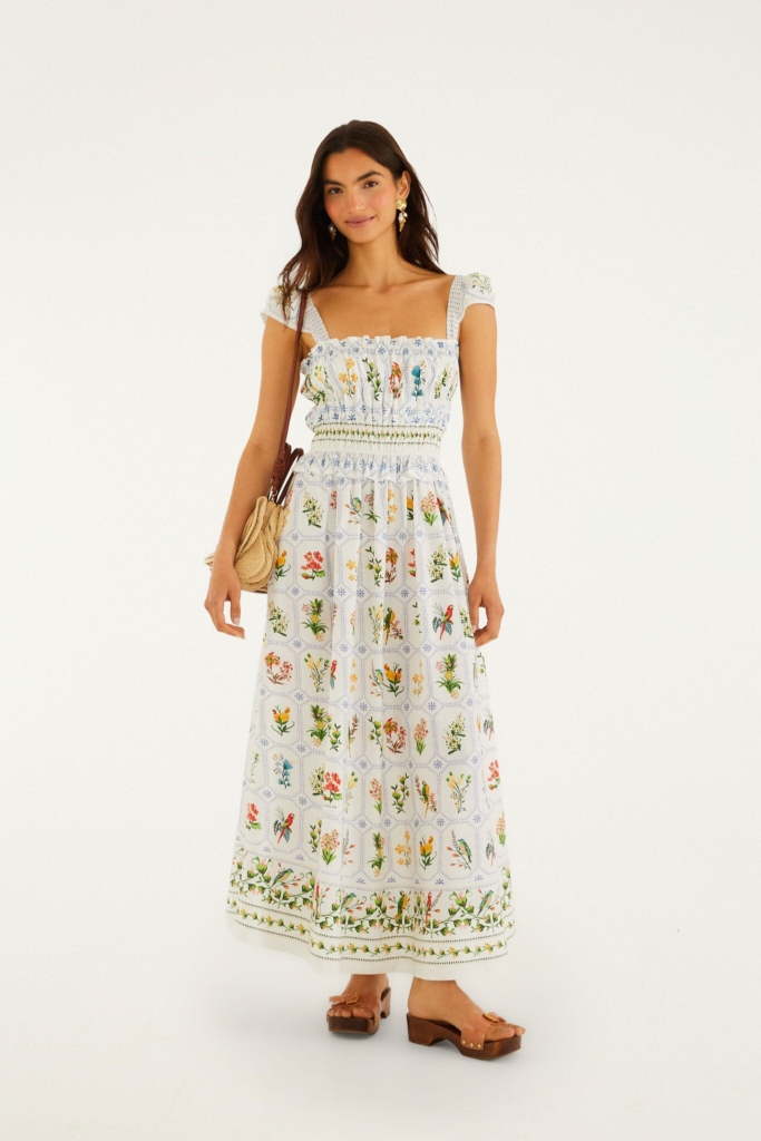 off-white tropical porcelain maxi dress what to wear in 90 degree weather