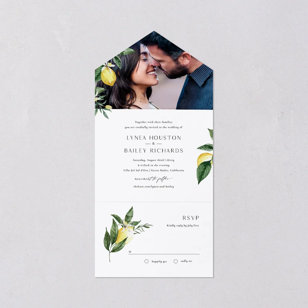Budget Friendly Wedding Paper Products Botanical Lemon All-in-One Wedding Invitations