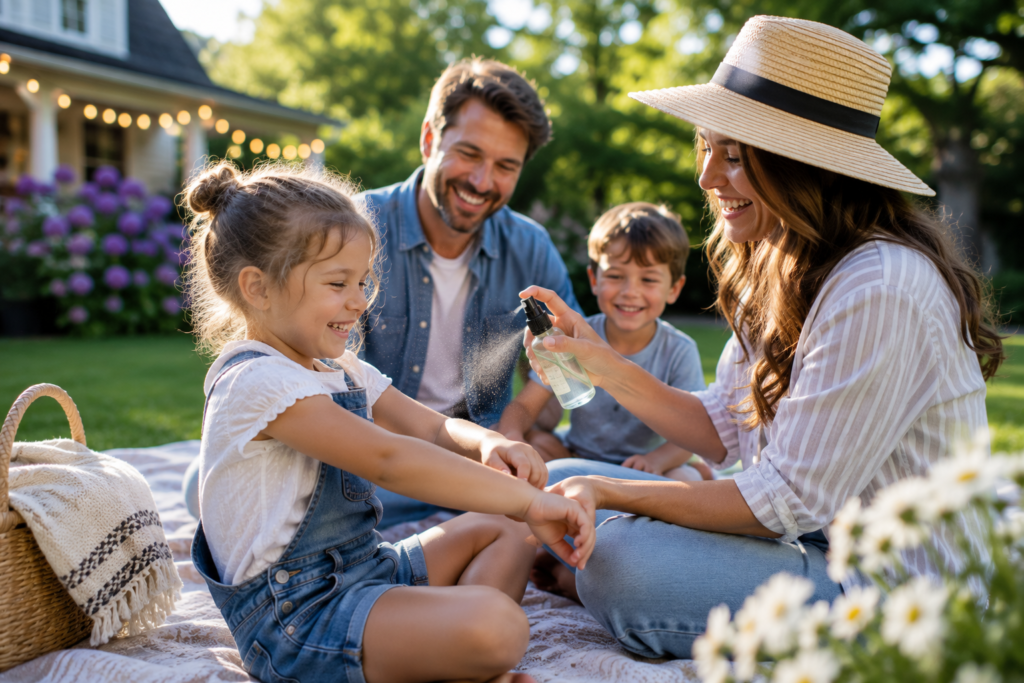how to make natural bug repellent family enjoying the summer in their backyard
