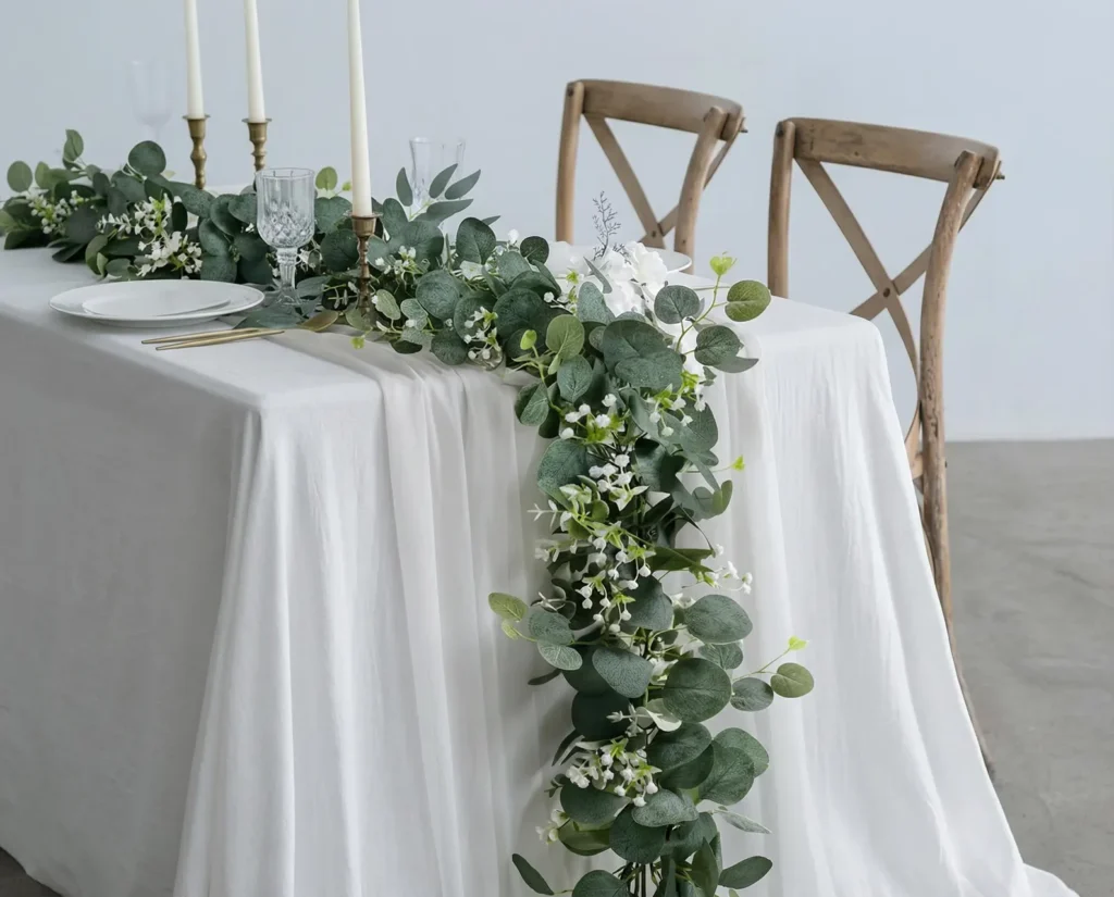 Faux Artificial Eucalyptus Vines with White Flowers wedding table decoration ideas