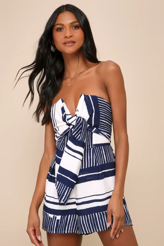 Delphi Blue and White Striped Tie-Front Strapless Romper what to wear to a labor day weekend party 