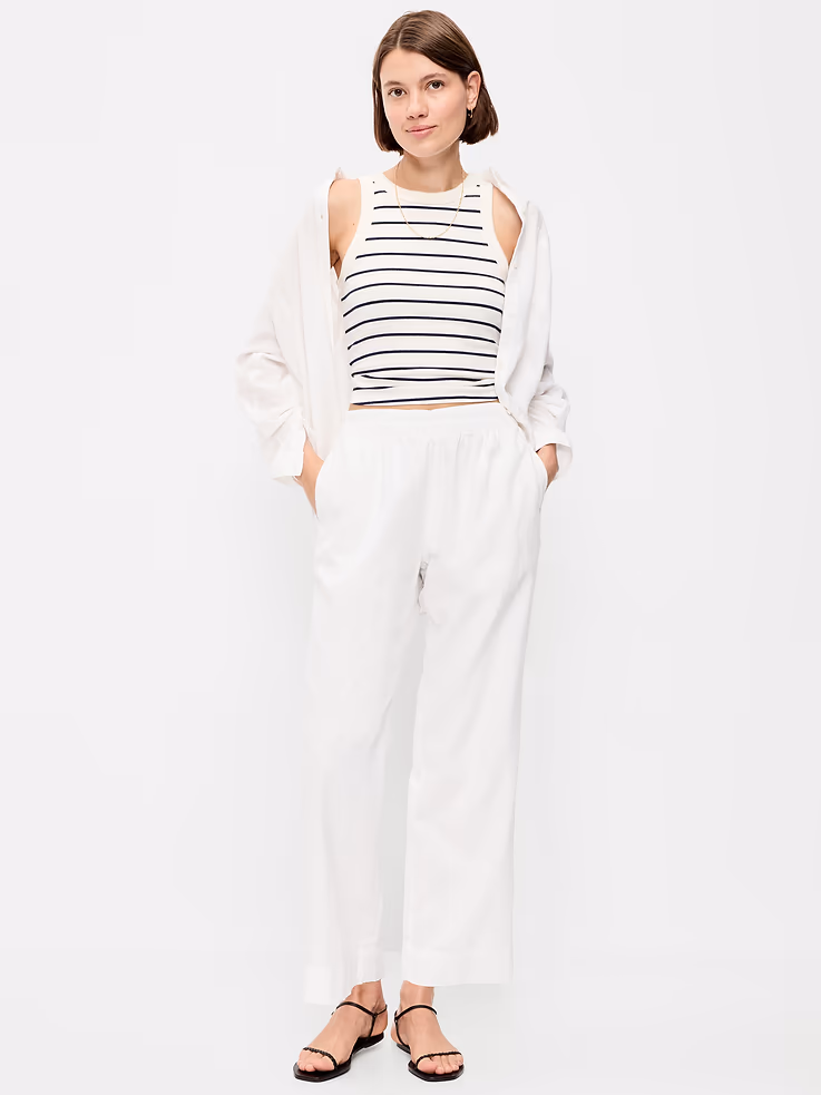 High-Waisted Linen-Blend Straight Ankle Pants what to wear to a labor day weekend party