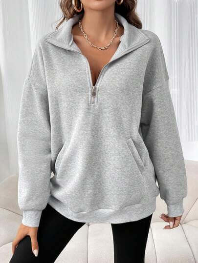 INAWLY Women's Solid Color Light Grey Half-Zipper Drop Shoulder Sweatshirt, athleisure fashion trends for women