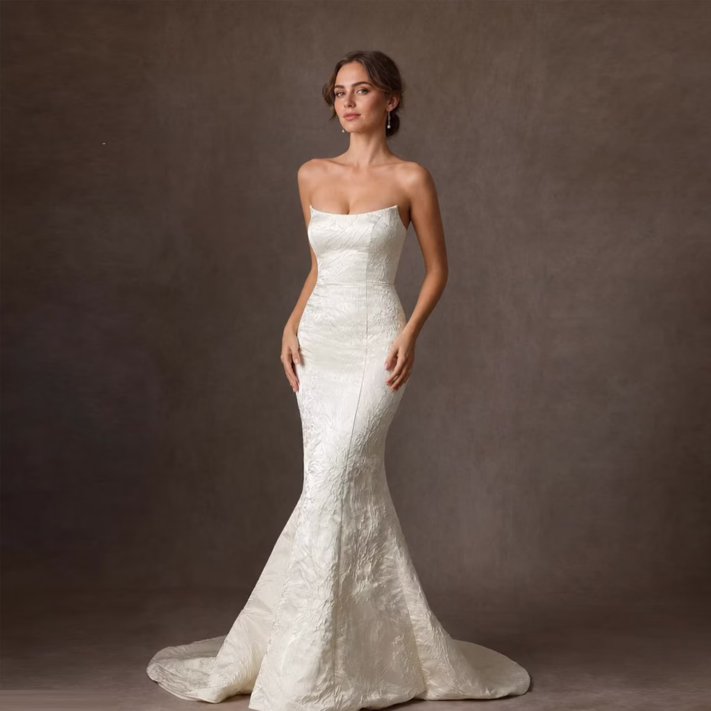 Minimalist Textured Floral Jacquard Mermaid Wedding Dress