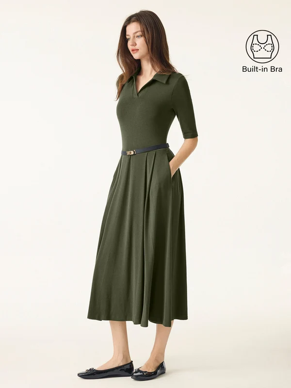 Polo Neck Elbow Length Sleeve Midi Bra Dress with Pockets