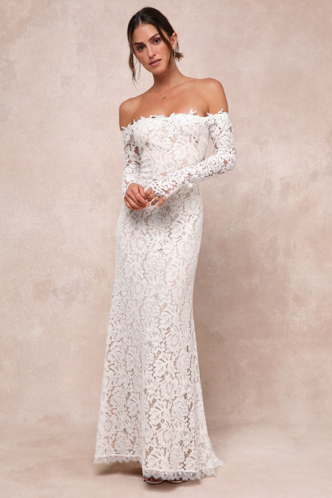 Romance Dreamer White Lace Off-the-Shoulder Maxi Dress by Lulus wedding dress trends 2026