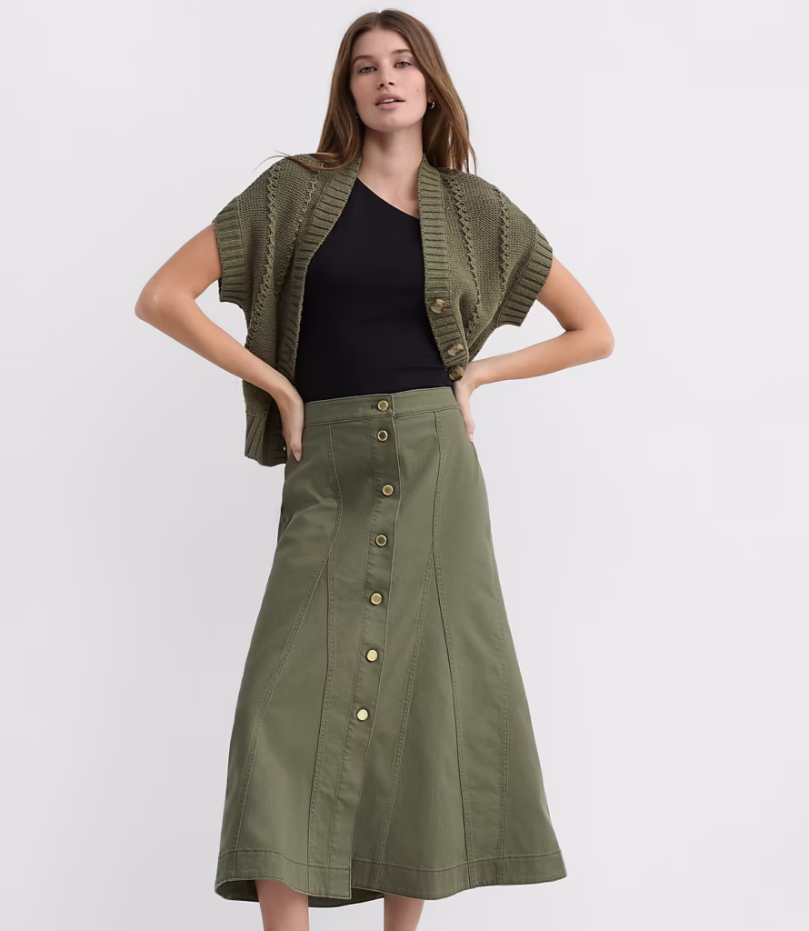 Twill Godet Button Midi Skirt fall capsule wardrobe essentials