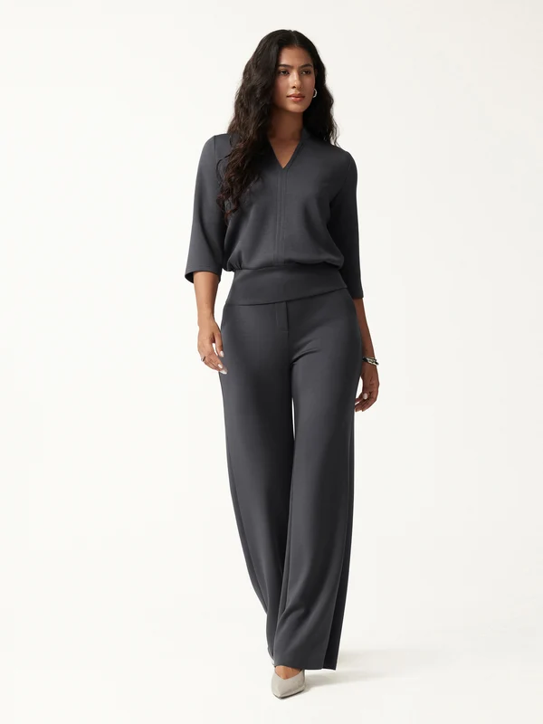 2Pcs Set V-Neck Elbow Sleeve Top & High-Rise Wide Leg Pants with Pockets soccer mom outfits