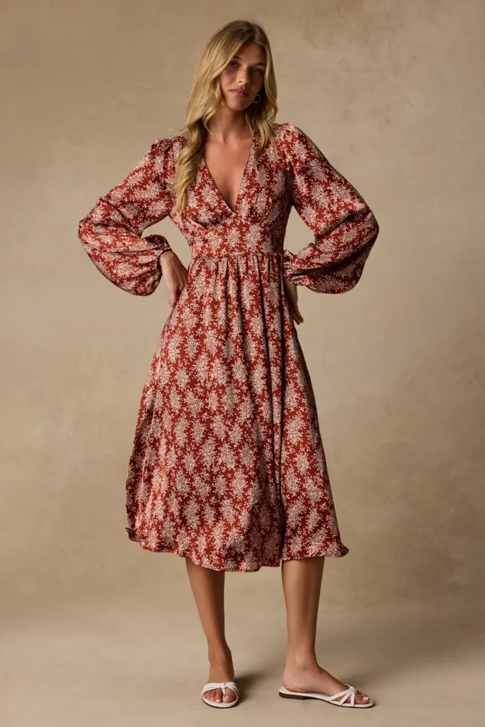 Graceful Impression Rust Red Floral Print Midi Dress