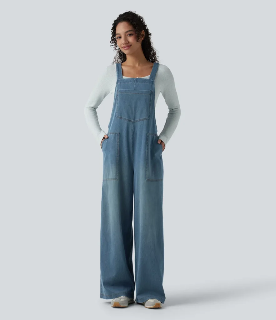 Halara Flex™ Square Neck Washed Denim Casual Overalls with Pockets soccer mom outfits