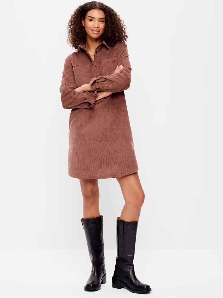 Long-Sleeve Button-Down Mini Shirt Dress