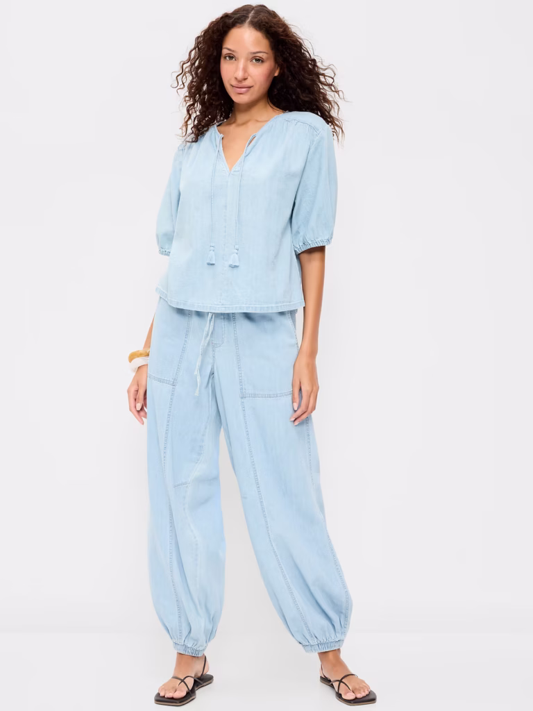 Mid-Rise Pull-On Utility Harem Denim Pants soccer mom outfits