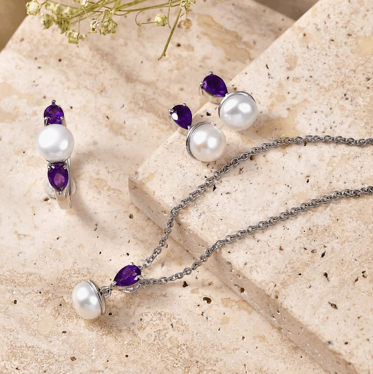 EverTrue Freshwater Pearl, African Amethyst 2.00 ctw Twilight Bloom Earrings, Ring (Size 5) and Pendant in Platinum Bond with Stainless Steel Necklace how to pick signature jewelry