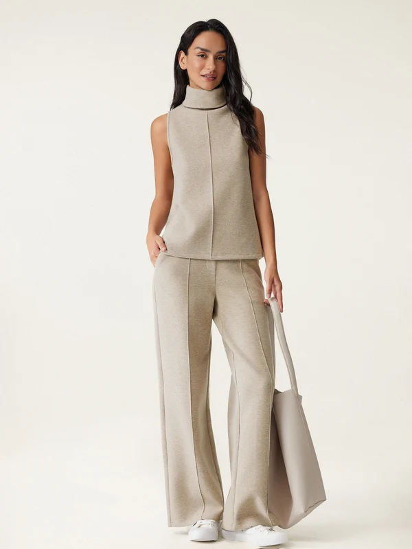 2Pcs Set Regular Split Hem Top & High Waisted Warm Straight Leg Pull On Pant