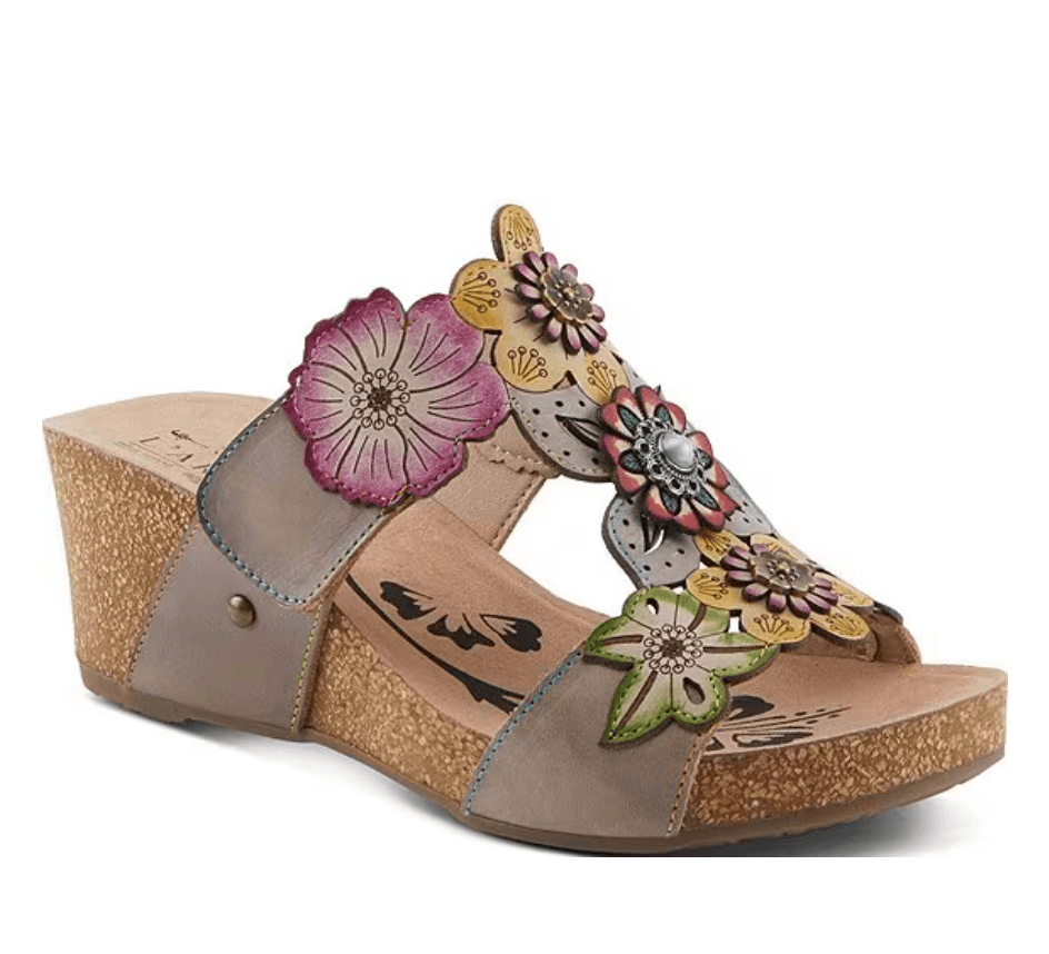 Prettypetals Leather with Flowers Wedge Slide Sandals