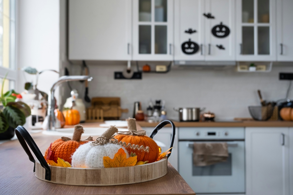 pumpkins in tray in kitchen autumn decor 