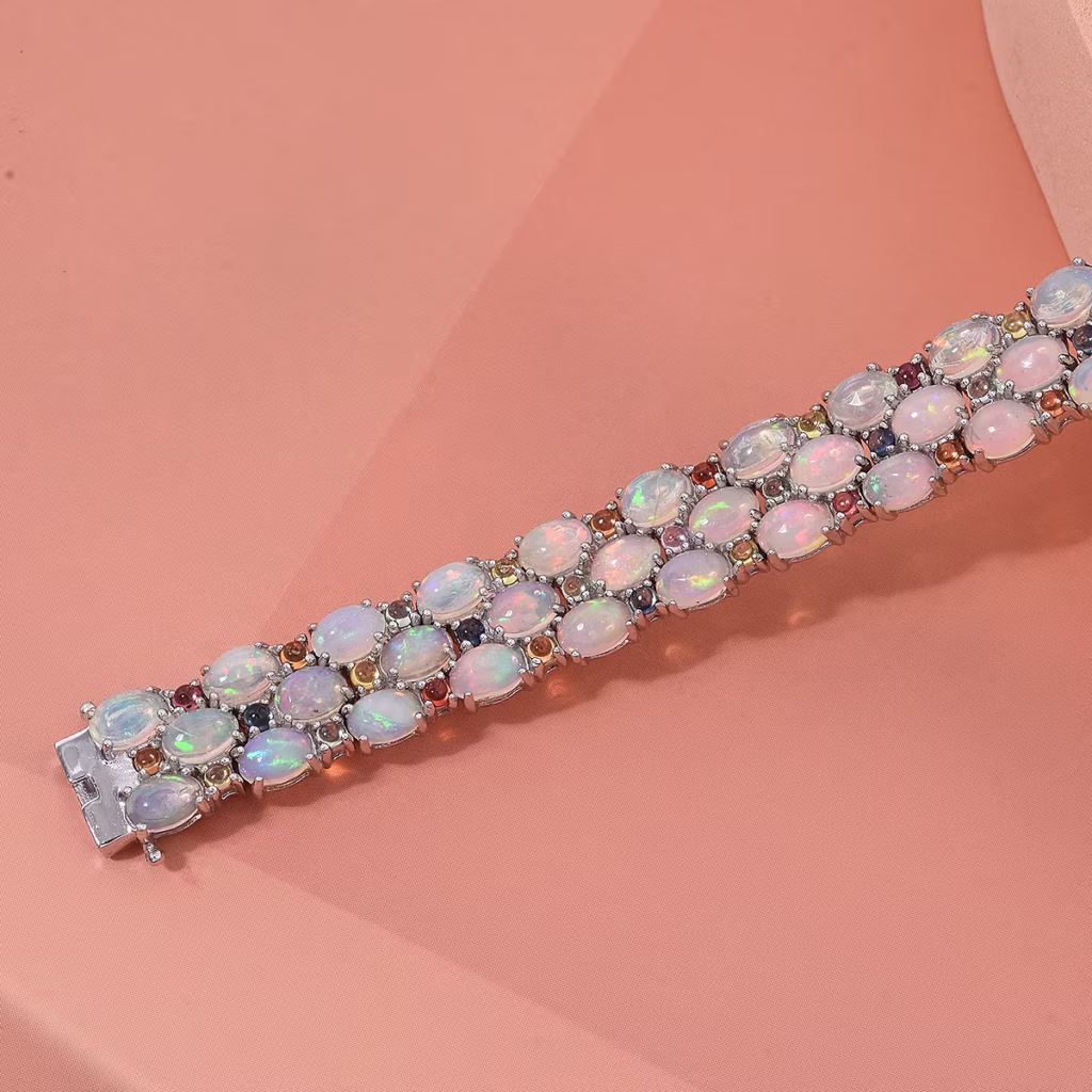 Ethiopian Welo Opal and Multi Sapphire 23.15 ctw Welo Radiance Bracelet in Rhodium Over Sterling Silver mother's day jewelry gifts