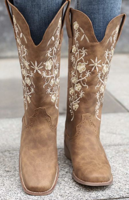 Brown & White Floral Embroidered Tall Cowboy Boots - western outfits for women