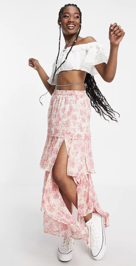 Miss Selfridge tiered chiffon ruffle maxi skirt in floral - western outfits for women
