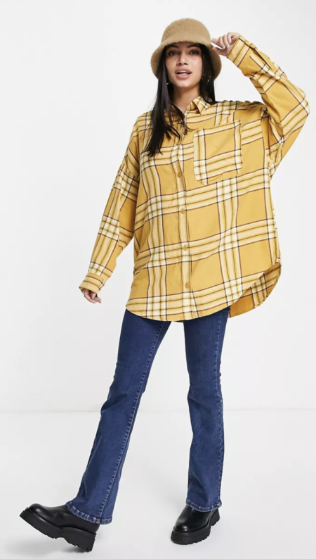Monki cotton flannel check shirt in yellow
