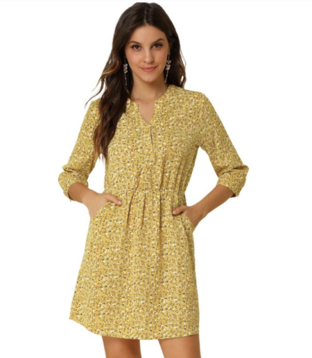 Button Front Floral Print V Neck - dresses to wear cowboy boots with