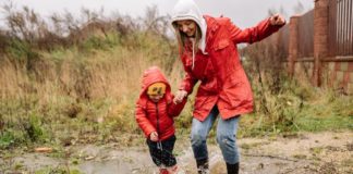 A Woman Playing on the Rain with Her Child - rain clothes for kids