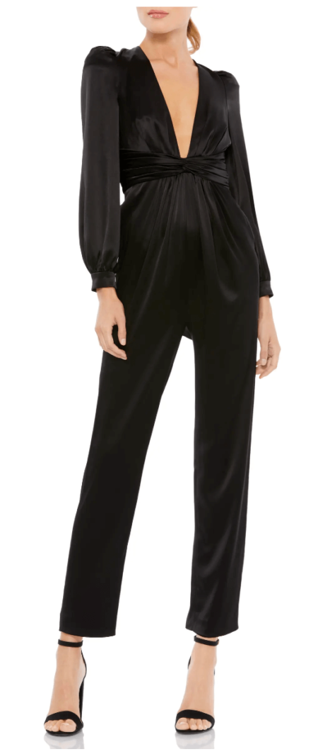 Plunge Neck Long Sleeve Satin Jumpsuit - what to wear to a winter wedding in 2022