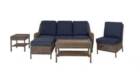 Cambridge 5-Piece Brown Wicker Outdoor Patio Sectional Sofa Seating Set with CushionGuard Midnight Navy Blue Cushions - most comfortable patio furniture