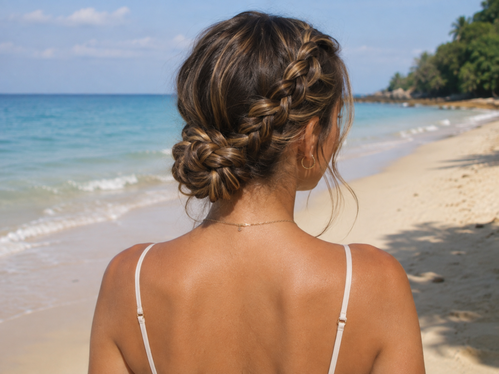 easy beach hairstyles showing a low braided bun