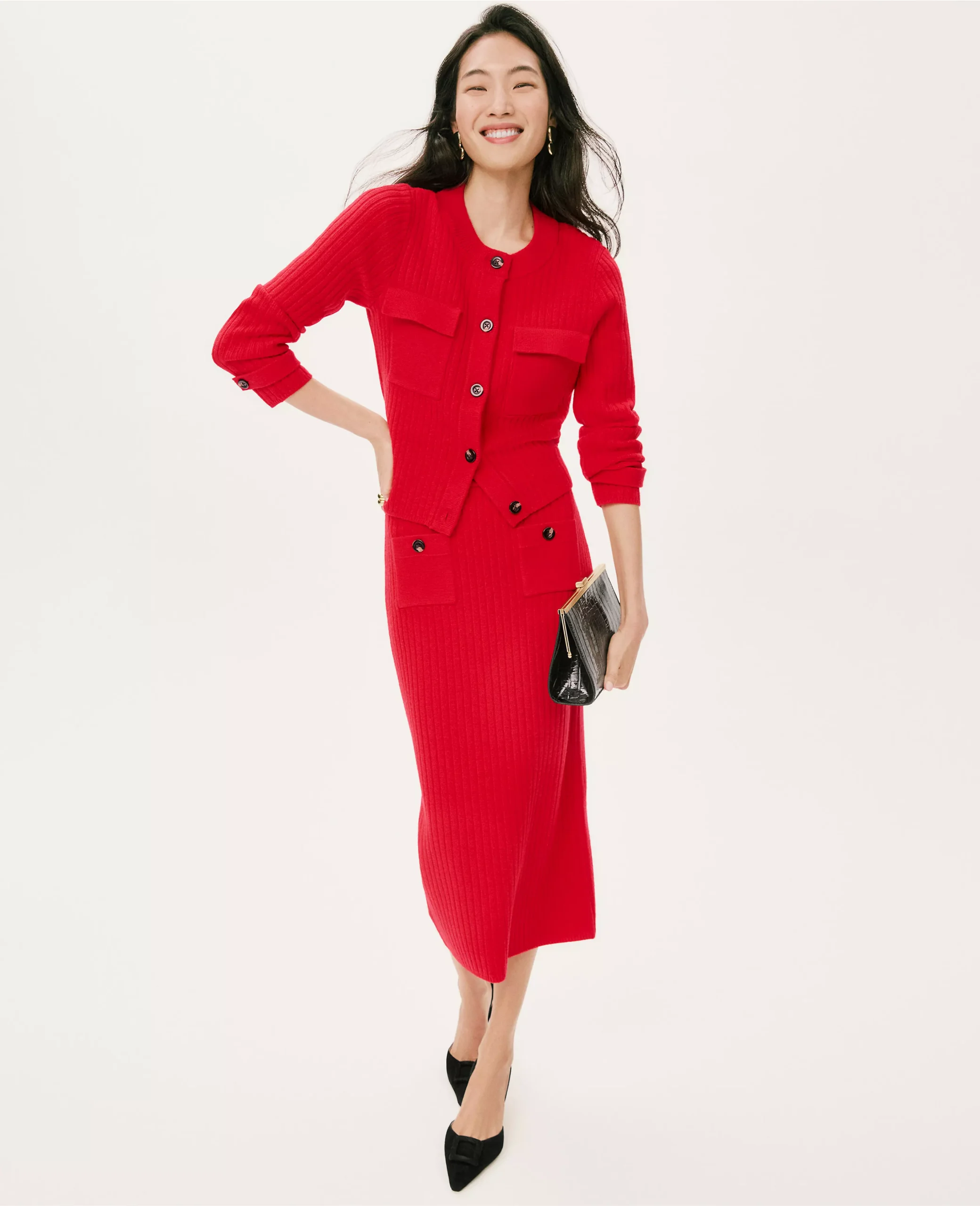 ribbed sweater skirt holiday outfits