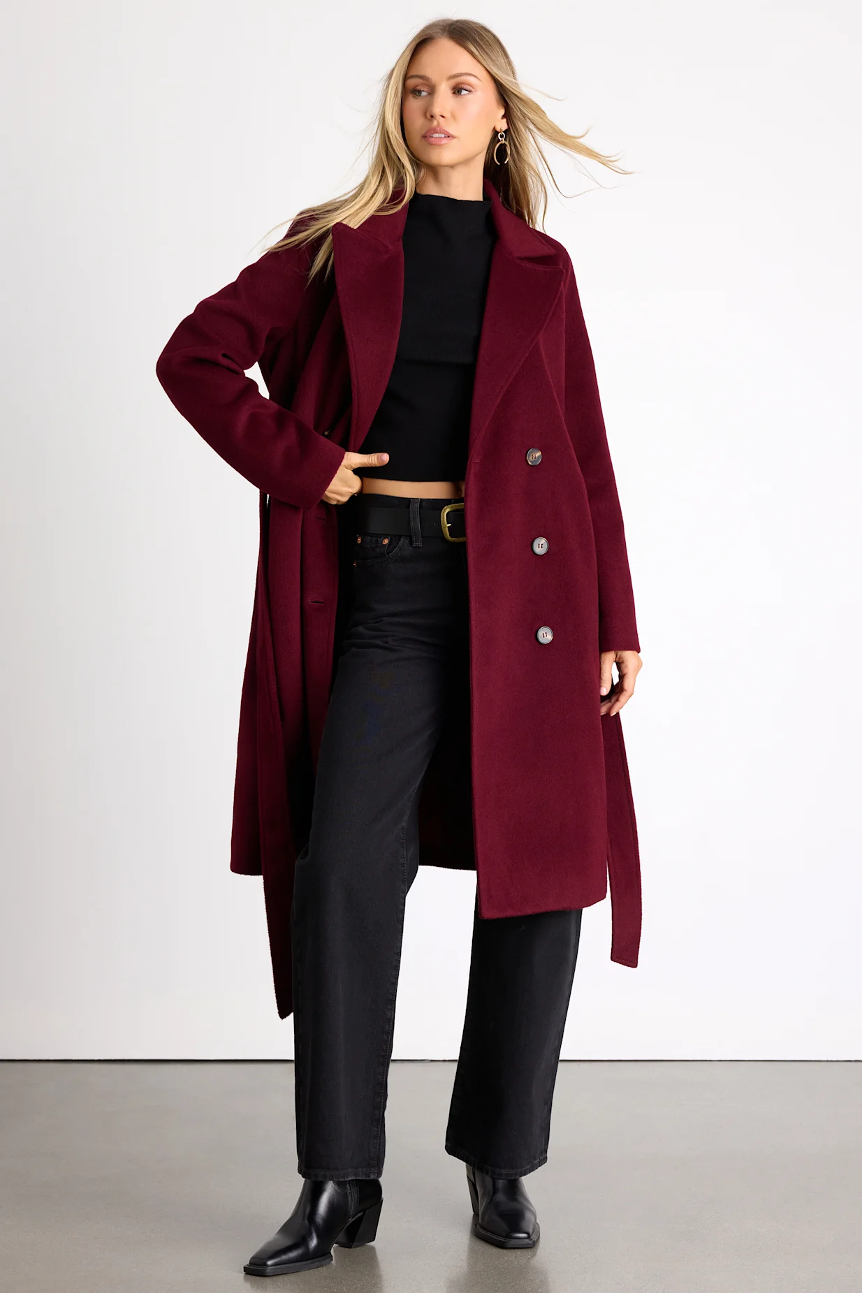 Season of Sophistication Burgundy Double-Breasted Coat how to pick the right winter coat for your body type