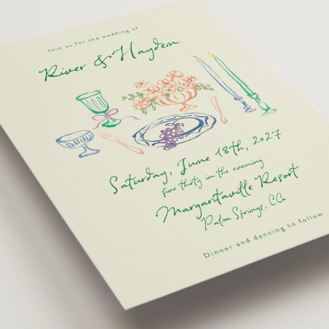tablescape drawingby Cass Loh wedding invitation for office inviting coworkers to wedding