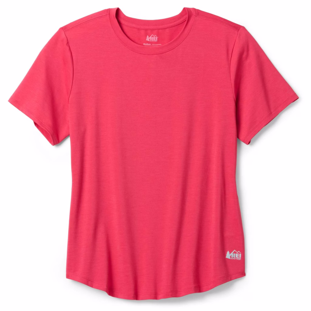 Pink short-sleeve athletic t-shirt outdoor capsule wardrobe