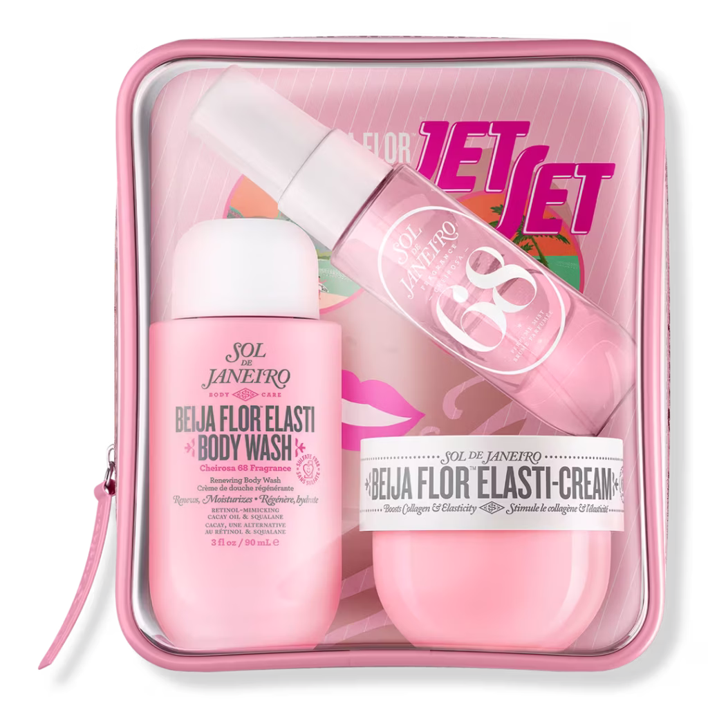 Pink beauty product travel set Beija Flor Jet Set spring break beauty routine