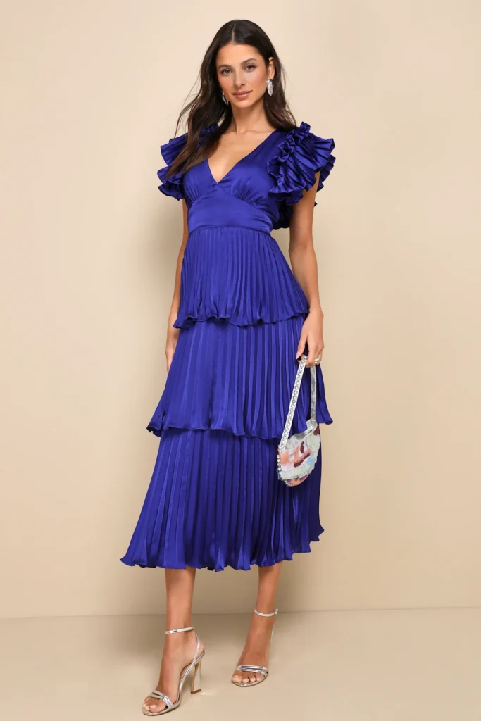 Stunning Desire Cobalt Blue Satin Pleated Tiered Midi Dress wedding guest dresses under 150