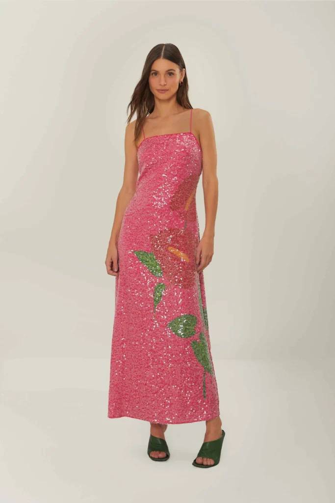 pink anthurium flowers slip maxi dress