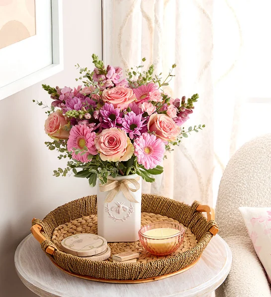Colorful floral arrangement on a tray