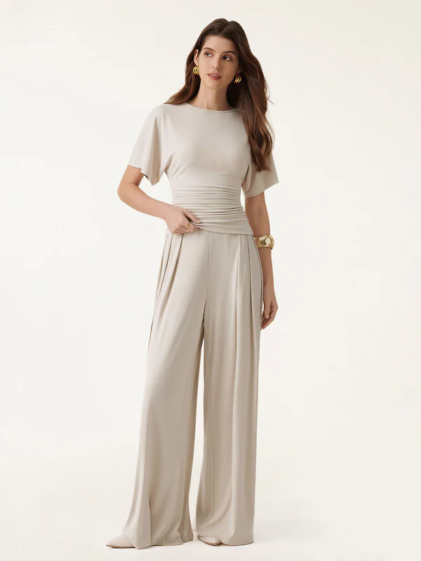 2Pcs Set Boatneck Batwing Sleeve Top & Wide Leg Palazzo Pant with Pockets Back to School Clothes Shopping List